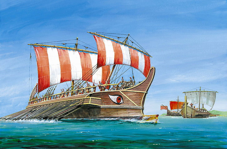 su boyama gövdesi üzerinde kahverengi yelkenli gemi, Taran, araç, Yunanca, çatışma, silahlar, omurga kereste devamı, ağır silahlı, güverte, Küreklerde hız taraması 18 km / s'e ulaştı.Mürettebat, M.Ö. IV. Yüzyılda Ana, Akdeniz, Greko-Pers savaşlarının dönemi, denizciler, iki yüz kişiden oluşuyordu.Dahil, bu ana şekli, dövme bakır, tarama, Trier, kuleler, savaşçılar idi., HD masaüstü duvar kağıdı