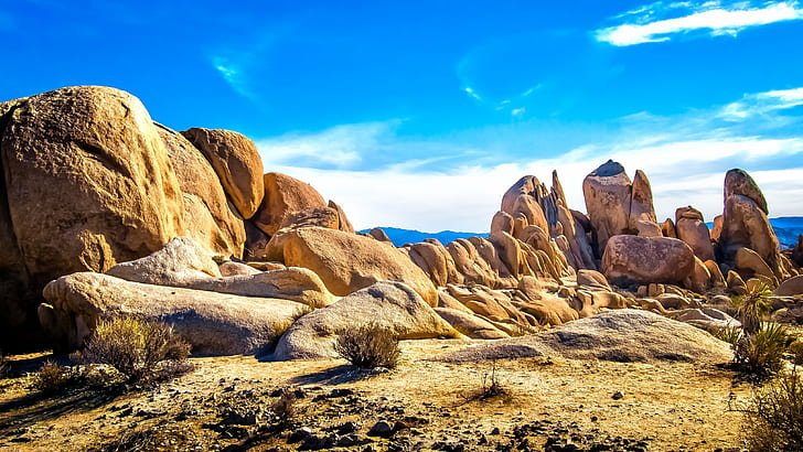 rocky surface during day time, Jumbo, rocky, surface, day, time, sky  landscape, big, clouds, contrast, shadow, boulder  rock, dirt, desert, joshua  tree  national  park, hike, climb, orange, blue  california, usa, nature, rock - Object, landscape, sky, stone - Object, scenics, outdoors, sand, blue, HD wallpaper