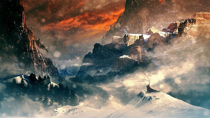 art fantastique, paysage, col de montagne, neige, pins, Fond d'écran HD