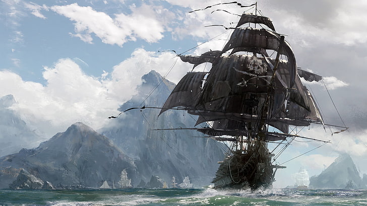 серая лодка, живопись, видеоигры, Skull & Bones, море, горы, пираты, пиратский корабль, HD обои