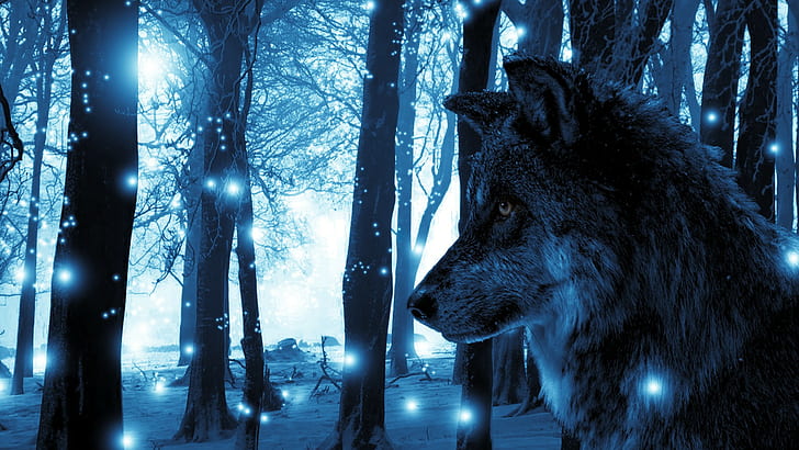 sztuka fantasy, wilk, światła, zwierzęta, krajobraz, błękit, drzewa, Tapety HD