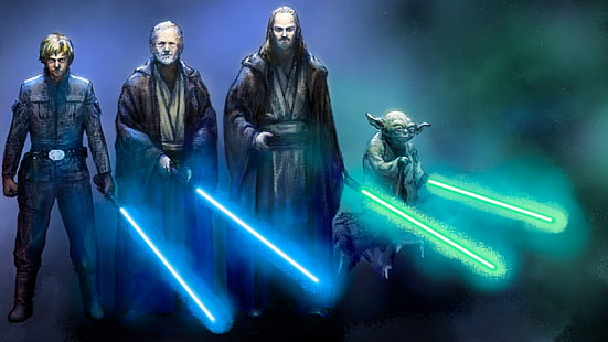 Star Wars wallpaper, Jedi, Star Wars: Episode V - The Empire Strikes Back, Star Wars, lightsaber, Yoda, Luke Skywalker, Obi-Wan Kenobi, Qui-Gon Jinn, artwork, HD wallpaper HD wallpaper