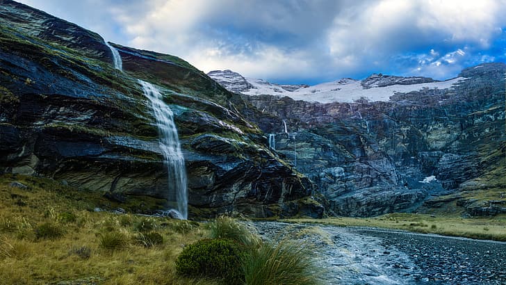krajobraz, 4K, wodospad, skały, góry, śnieg, Nowa Zelandia, Queenstown, Tapety HD