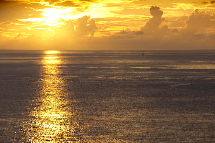 blue ocean and yellow sunset, Seascape, Summer, Sunset, 4K, 5K, HD wallpaper