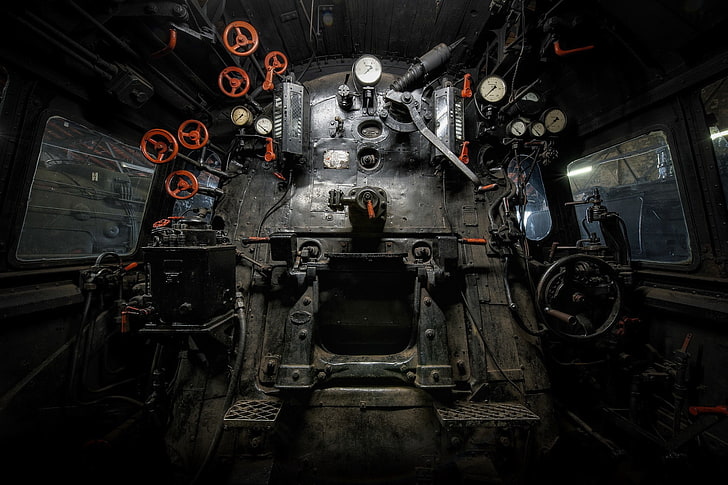sala de control del motor del tanque gris, tren, Fondo de pantalla HD