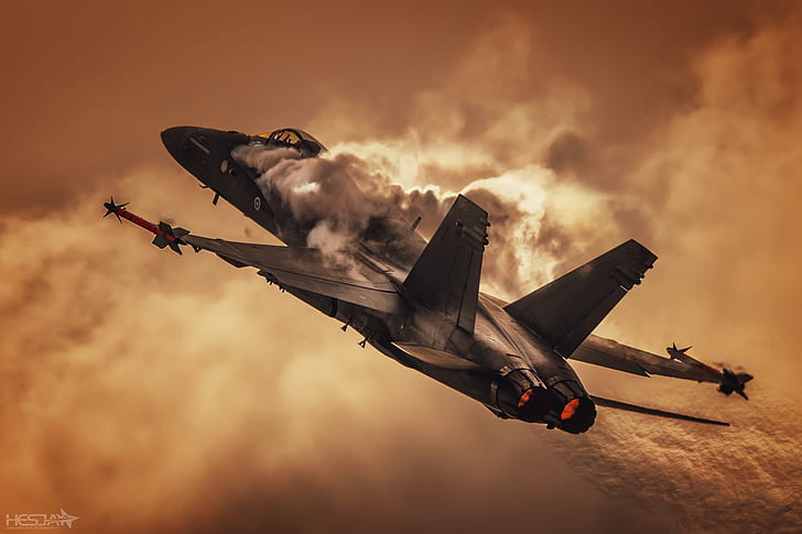 Puesta de sol, luchador, el efecto de Prandtl - Glauert, la fuerza aérea finlandesa, F / A-18 Hornet, HESJA Air-Art Photography, Fondo de pantalla HD