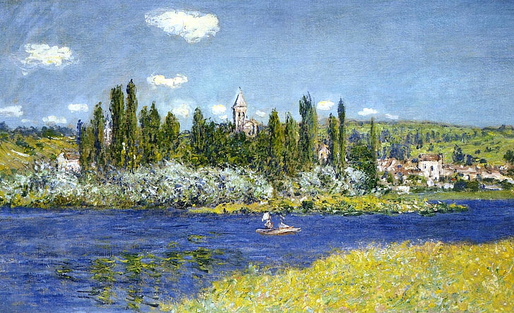 пейзаж, река, лодка, картина, Клод Моне, Vétheuil, HD тапет