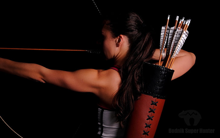 black and red leather quiver, arrows, bow, girl, archery, HD wallpaper