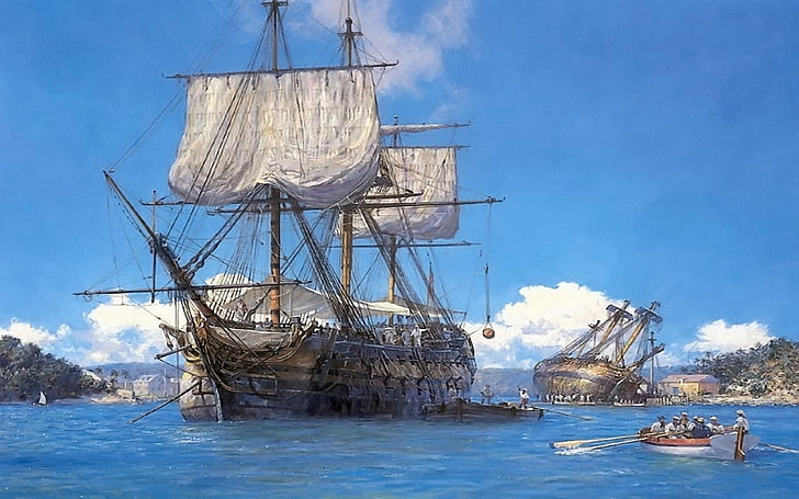 sailors, rowboat, sailing ship, artwork, ship, vehicle, HD wallpaper