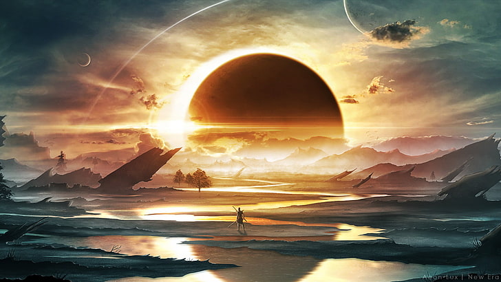 sun covered with moon graphic wallpaper, artwork, science fiction, landscape, space, planet, space art, HD wallpaper