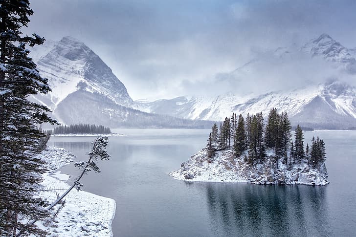 winter, snow, landscape, mountains, nature, lake, island, Canada, Albert, lake Kananaskis, HD wallpaper