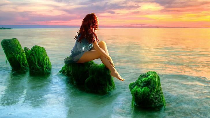 Ocean Dreamer, skyphoenixx1, камъни, картина, фантастичен, мечтател, хубав, мечтател, жена, скали, вода, хубав, HD тапет