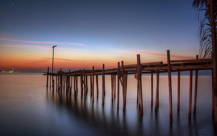 The Persian Gulf, brown dock, Bahrain, the Persian Gulf, sunrise, sun, HD wallpaper