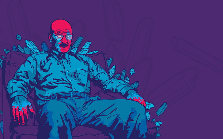 homem azul e vermelho, sentado na cadeira clip-art, Breaking Bad, Walter White, Jared Nickerson, fundo roxo, trabalho artístico, arte digital, resumo, HD papel de parede