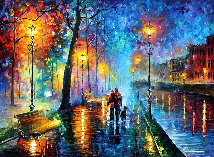 painting of man and woman walking on the street, Artistic, Love, Romantic, HD wallpaper