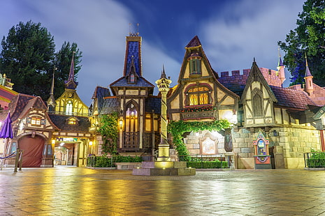 nuit, lumières, parc, rue, maison, Californie, États-Unis, Disneyland, Anaheim, Fond d'écran HD HD wallpaper