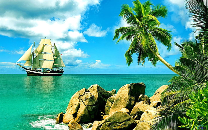 white and brown ship, tropical, palm trees, ship, nature, clouds, sea, rock, HD wallpaper