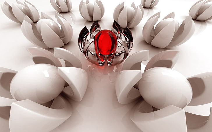 gema roja y lote de piedra blanca, bolas, forma, colores, vidrio, metal, Fondo de pantalla HD