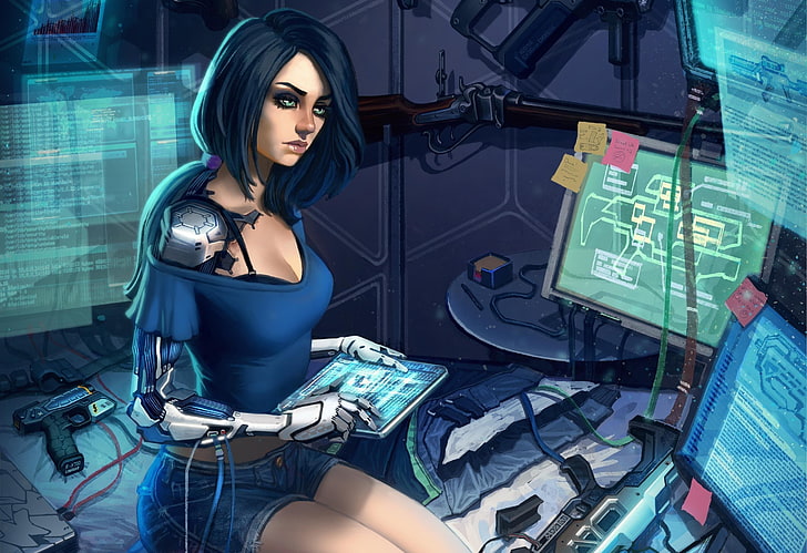 donna che esamina l'illustrazione del computer, fantascienza, materiale illustrativo, Sfondo HD