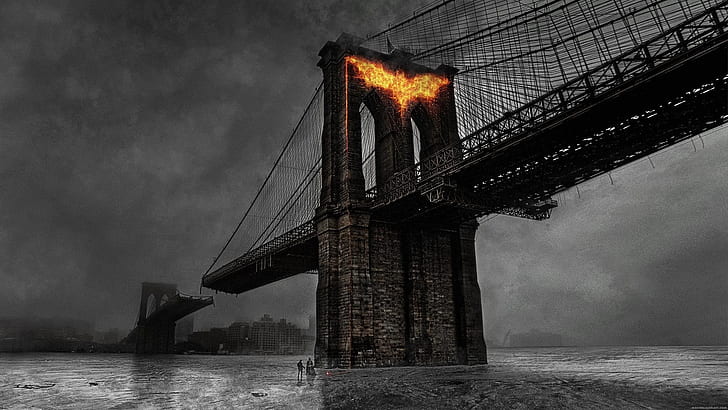 Batman, puente, oscuro, fuego, caballero, se levanta, superhéroe, Fondo de pantalla HD