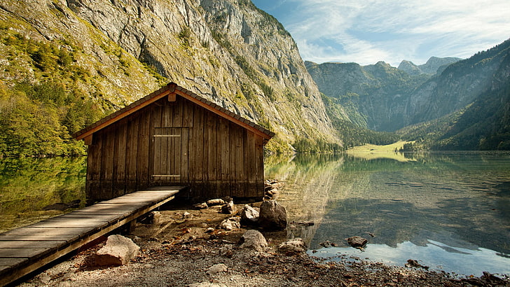 коричневый деревянный сарай, озеро, Оберзее, Бавария, HD обои