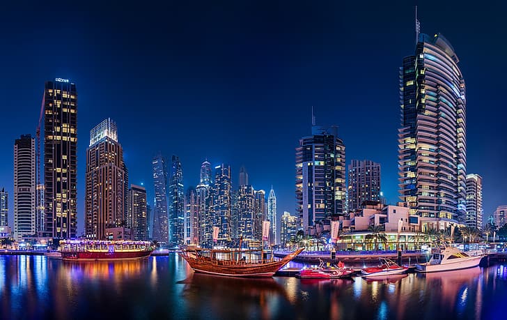 building, home, boats, Bay, Dubai, night city, skyscrapers, harbour, UAE, Dubai Marina, HD wallpaper