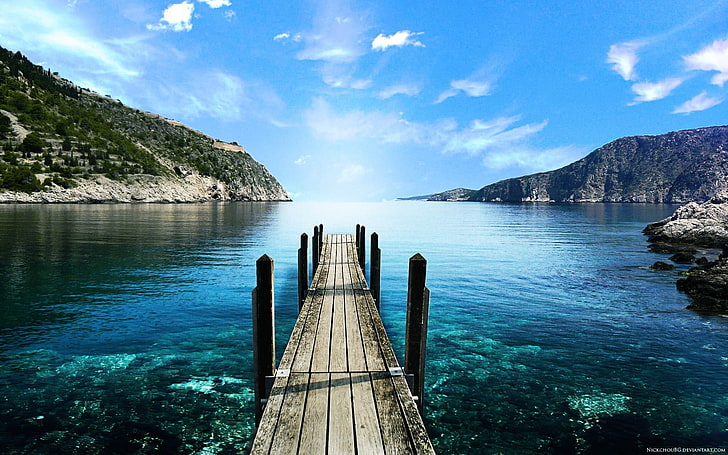 dermaga berjalan kayu berwarna coklat, pemandangan, laut, Yunani, pulau, dermaga, Wallpaper HD