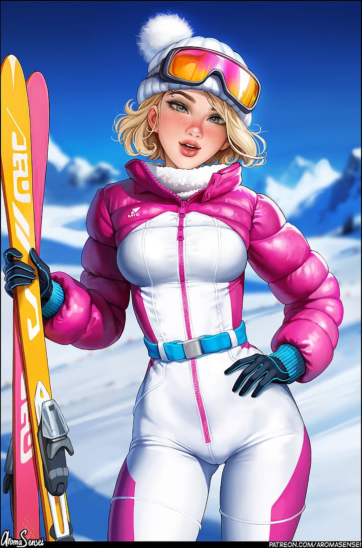 Gwen Stacy, Marvel Comics, fictional character, blonde, winter, snow, 2D, artwork, drawing, fan art, Aroma Sensei, HD wallpaper