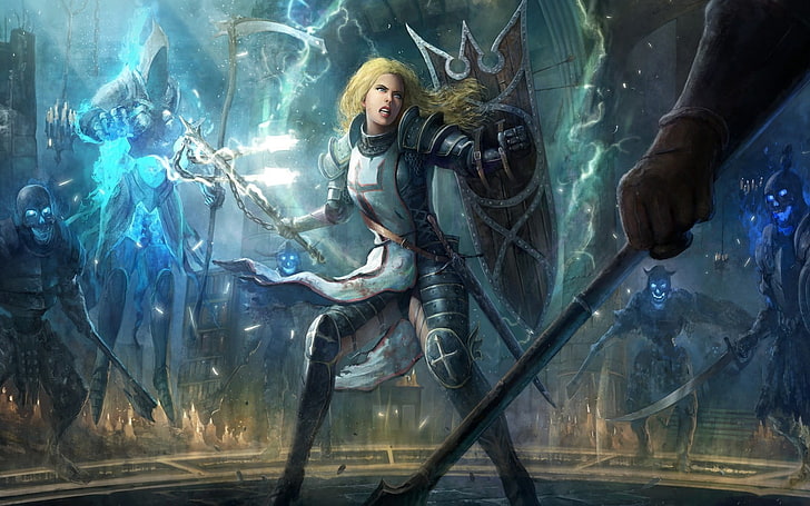 ilustracja kobieta trzymająca tarczę, Diablo III, Diablo, gry wideo, fantasy art, sztuka cyfrowa, krzyżowcy, fantastyczna dziewczyna, Tapety HD