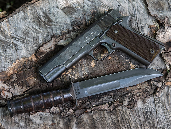 ปืนพกกึ่งอัตโนมัติสีดำและมีดโบวี่ปืนอาวุธมีด 2486 โหลดตัวเอง« mark2 », Signal 1911, วอลล์เปเปอร์ HD