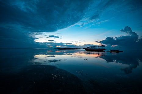 Бали, синьо, море, вода, небе, отражение, лодка, плаж, хоризонт, Индонезия, HD тапет HD wallpaper