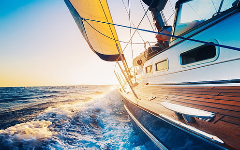 бело-коричневая лодка, лодка, море, небо, горизонт, средство передвижения, HD обои HD wallpaper