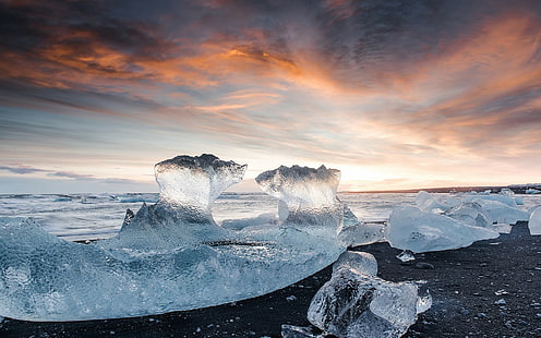 الأنهار الجليدية ، غروب الشمس ، الجليد ، الشاطئ ، البحر، خلفية HD HD wallpaper