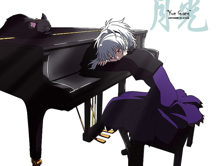 жена, седнала до пиано илюстрация, по-тъмна от черно, момиче, котка, пиано, HD тапет