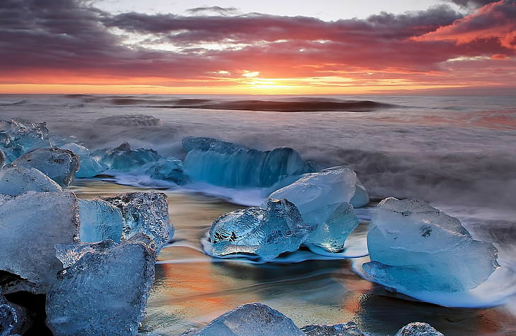 Gelo no pôr do sol, Islândia, corpo de água, paisagem, Pôr do sol, gelo, surf, céu, nuvens, Islândia, HD papel de parede