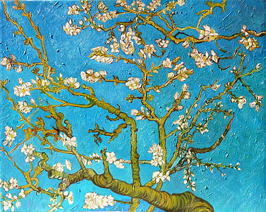 白い桜のキャンバスの絵画、枝、絵、絵画、青、アート、ヴィンセント・ヴァン・ゴッホ、アーモンドの木、アーモンドの木、 HDデスクトップの壁紙 HD wallpaper