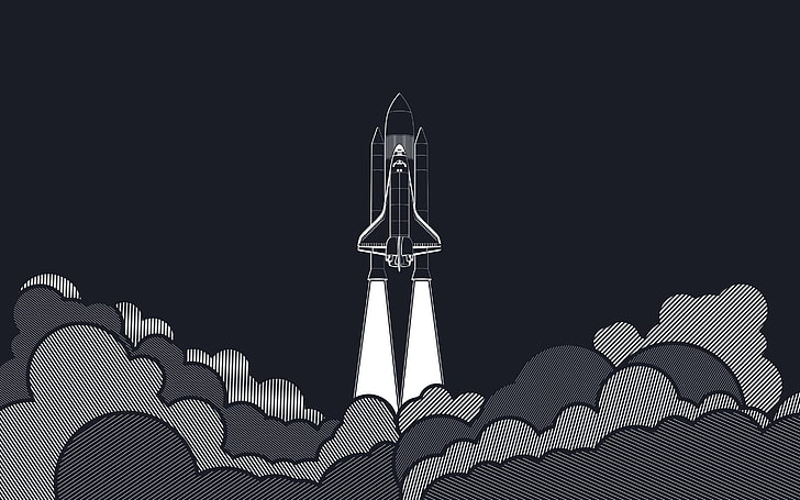 space shuttle illustration, minimalism, artwork, space, vector, space shuttle, launch pads, spaceship, rocket, digital art, flying, smoke, gray background, white, challenger, aircraft, blue, science, HD wallpaper