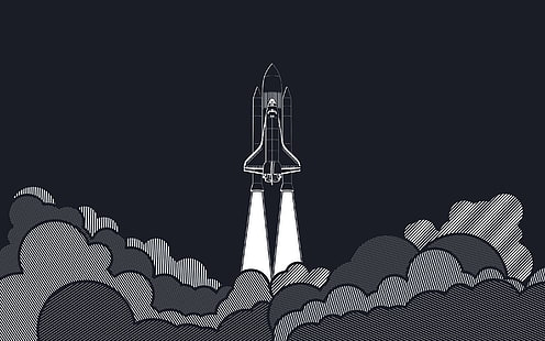 space shuttle illustration, minimalism, artwork, space, vector, space shuttle, launch pads, spaceship, rocket, digital art, flying, smoke, gray background, white, challenger, aircraft, blue, science, HD wallpaper HD wallpaper