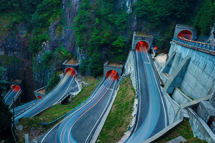túnel, estrada, montanhas, exposição longa, trilhas leves, HD papel de parede
