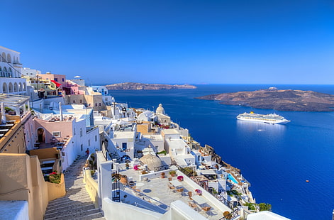 Miasta, Santorini, statek wycieczkowy, Grecja, wyspa, morze, Tapety HD HD wallpaper