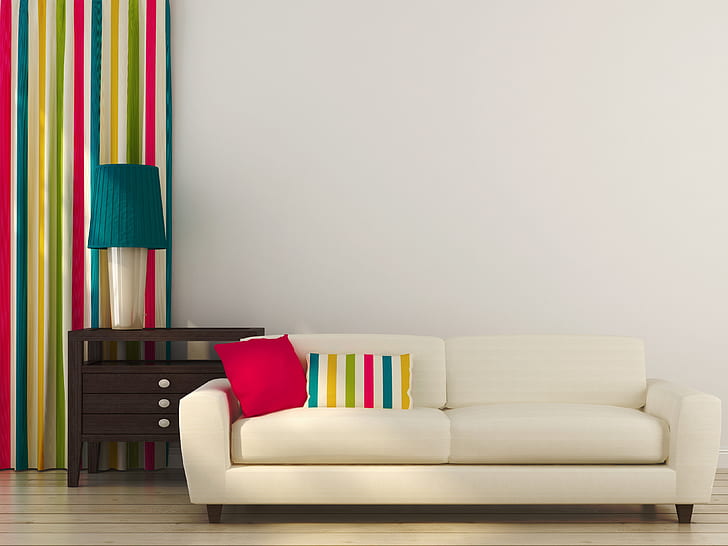design, room, interior, pillow, living room, modern, coloful, HD wallpaper