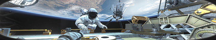 astronauta na ilustracji sztuki kosmicznej, satelita w pobliżu astronauty, Call of Duty: Ghosts, przestrzeń kosmiczna, wielokrotne wyświetlanie, science fiction, sztuka cyfrowa, render, CGI, gry wideo, Call of Duty, Tapety HD