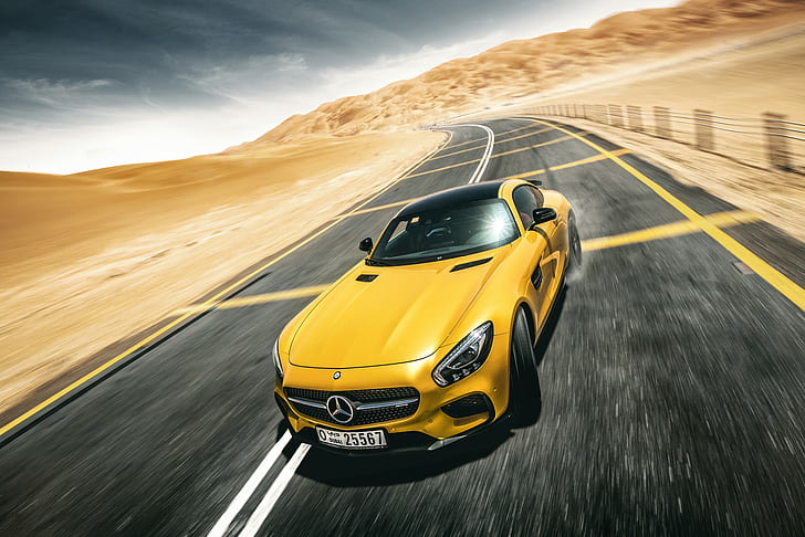 Mercedes-Benz, AMG, GT S, sarı merceden benz coupe, Mercedes-Benz, AMG, GT S, sarı, Supercar, Sürüklenen, yol, çöl, ön, HD masaüstü duvar kağıdı