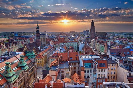 tramonto, Polonia, panorama, Wroclaw, Sfondo HD HD wallpaper