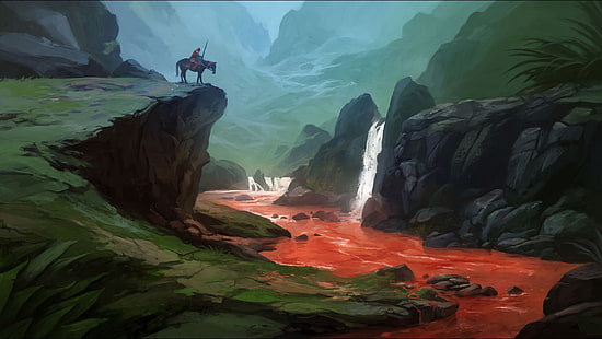 崖の図、血、川、馬、戦士、自然、ファンタジーアートの端で馬に乗る人、 HDデスクトップの壁紙 HD wallpaper