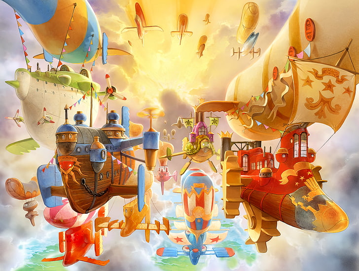 Airships, artwork, fantasy Art, Spineworld, Steampunk, Steampunk Airship, HD wallpaper
