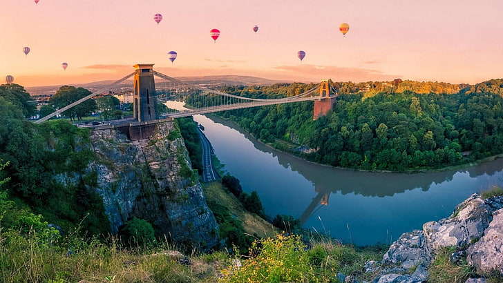 hot air balloon, nature, waterway, river, bridge, sky, morning, landscape, balloon, HD wallpaper