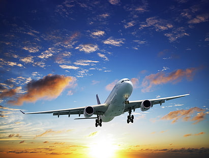 aeroplano bianco, il sole, nuvole, volo, l'aereo, il sorgere, nel cielo, passeggero, aereo di linea, Sfondo HD HD wallpaper