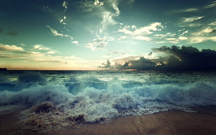 океанска вълна, природа, море, вълни, облаци, небе, плаж, HD тапет