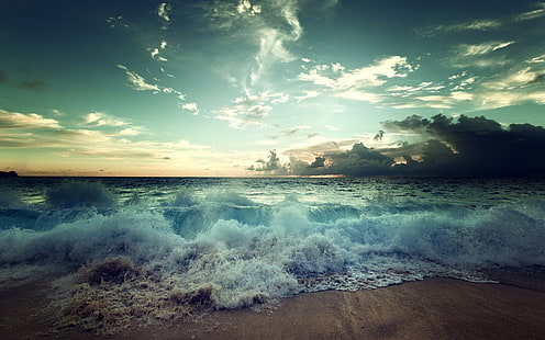 океанская волна, природа, море, волны, облака, небо, пляж, HD обои HD wallpaper